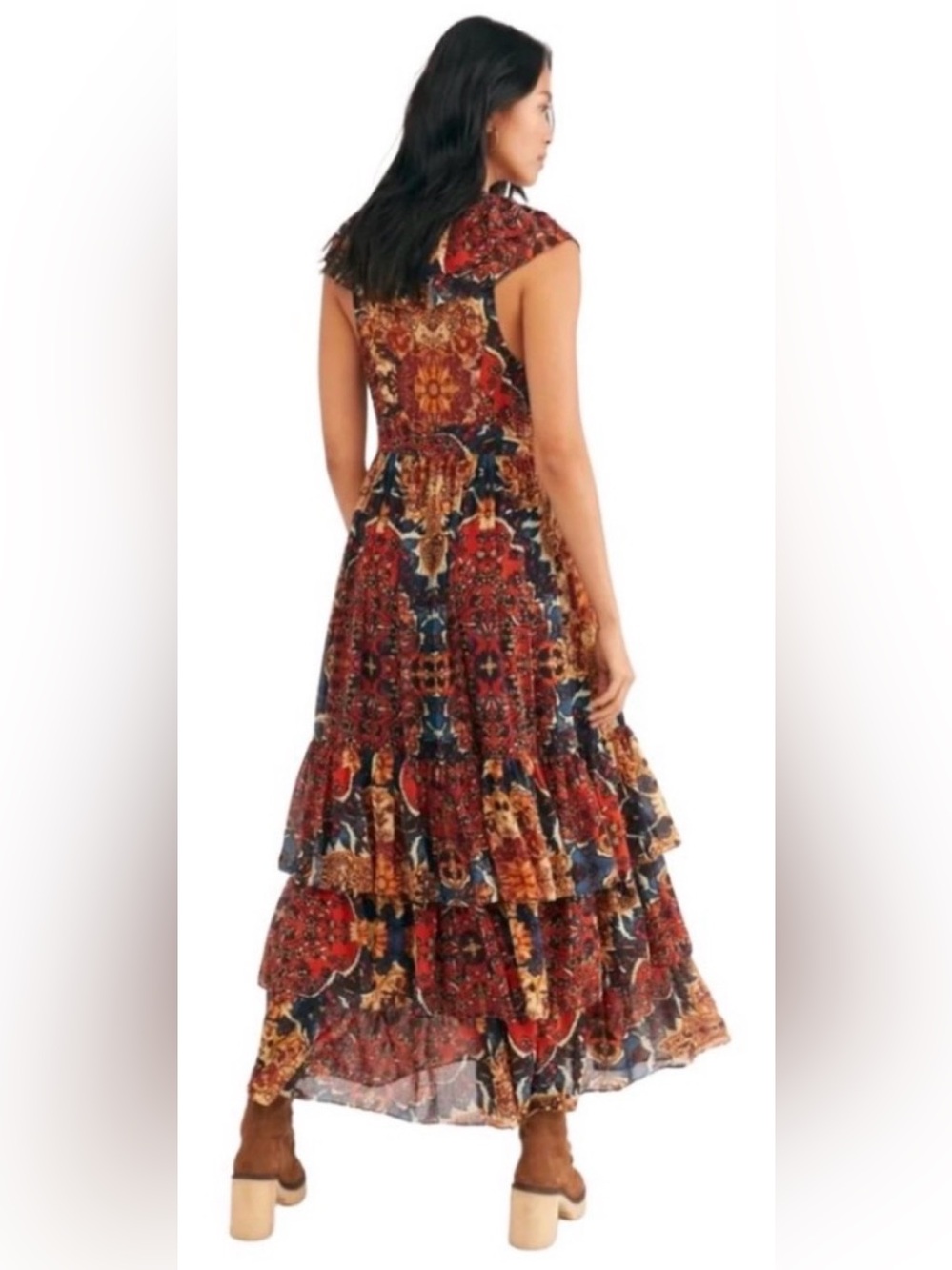 Free People Wear It Out Maxi Tiered Ruffled Dress Bohemian Fall Floral Cowgirl - Picture 2 of 13
